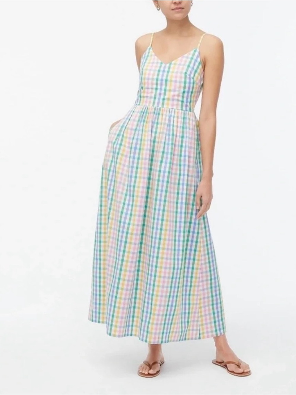 J Crew Factory Gingham V Neck Maxi Dress Sz 8 Multicolor Sleeveless Pockets